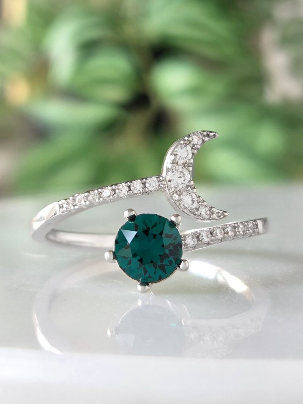 Emerald Green Moon Ring with Swarovski Crystals, Celestial Theme